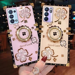 Yjd เคส OPPO Reno 6 Pro 6 Pro+ เพชร ตัวยึด โคลเวอร์ สี่เหลี่ยม เคสโทรศัพท์ กันกระแทก