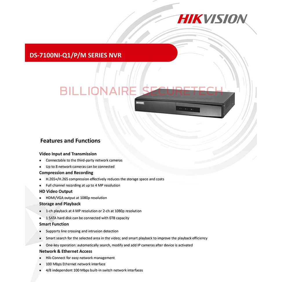 HIKVISION เครื่องบันทึกกล้องวงจรปิดระบบ IP Camera (NVR) DS-7104NI-Q1/4P/M (4 CH)