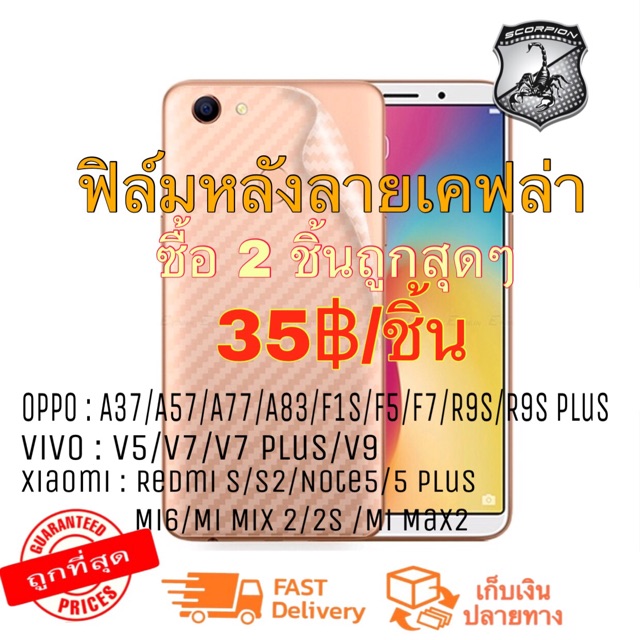 ฟิล์มหลังกันรอย ลายเคฟล่า สำหรับ Oppo / Vivo / Xiaomi