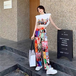 ชุดเซตขายาว น่ารัก สดใส ลายการ์ตูนเสื้อครอปจั๊มเอว+กางเกงขายาว