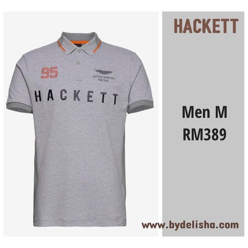 Hackett Aston Martin Racing Men M เสื้อยืดคอปก สีเทา 95 Hackett AMR Logo