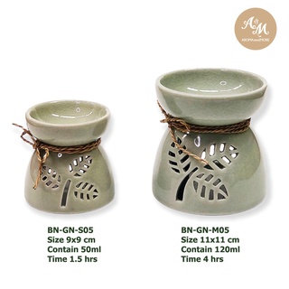 เตาเผาน้ำมันหอมระเหย เคลือบเงาศิลาดลสีเขียวอ่อน ฉลุลายใบไม้ Ceramic Aroma Burner (Glaze Siradol) Light green color