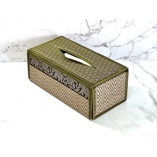 กล่องใส่ทิชชู่เสื่อกก ผ้าไหม ลายไทย ลายช้าง แบบมีทรง Reed Tissue Box