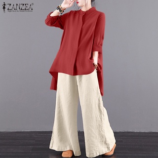 ZANZEA Women Casual Solid Long Sleeve High Low Elastic Waist Vintage Sets