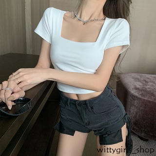 Wittygirls_shop | เสื้อยืด คอสี่เหลี่ยม แขนสั้น เอวสูง โชว์สะดือ สําหรับผู้หญิง