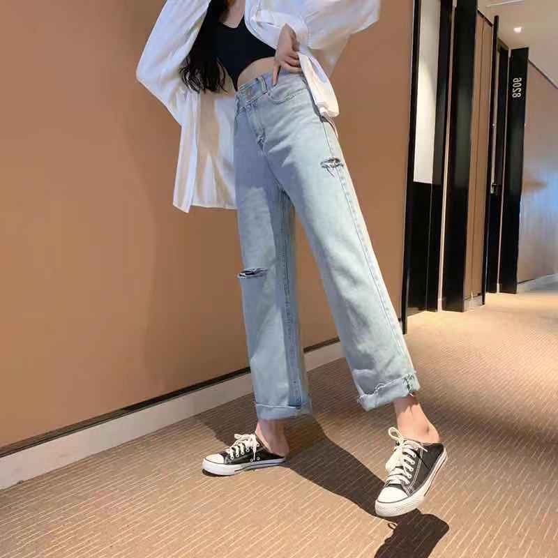 พร้อมส่ง กางเกงยีนส์ ขายาว เอวสูง ทรงกระบอก แต่งขาดสองข้าง สไตล์เกาหลี #8012