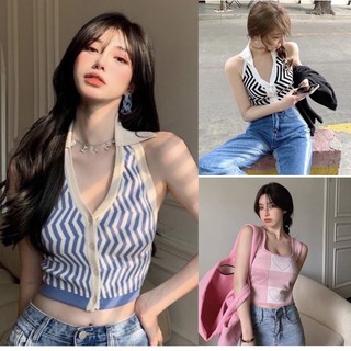 💋*พร้อมส่ง*เสื้อกล้ามแขนกุดคอปกกระดุมหน้าลายเส้นทะเล ใส่แล้วหุ่นดีมากกก💋