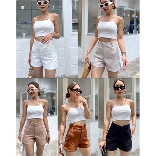 Ava hot pants กางเกงขาสั้นเอวสูงทรงเกาหลี เอวสูงปิดสะดือด้านข้างผ่าเล็ก ๆ และแต่งดีเทลกระเป๋าด้านหน้าใช้งานได้จริง เนื้อ