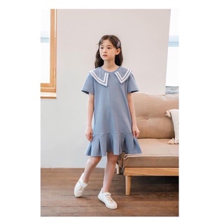 เดรสแขนสั้น ลุค navy สีเทาฟ้า / A65