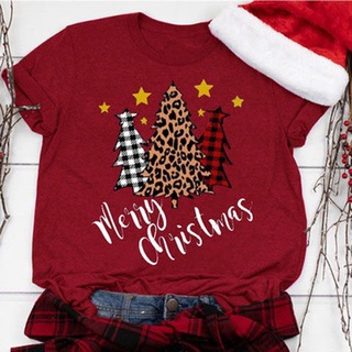 ⭐Christmas creative Christmas tree Print Casual Short Sleeve T-Shi圣诞节创意圣诞树图案印花休闲短袖T恤 宽松上衣女T恤el 1105เสื้อยืดสวยๆ