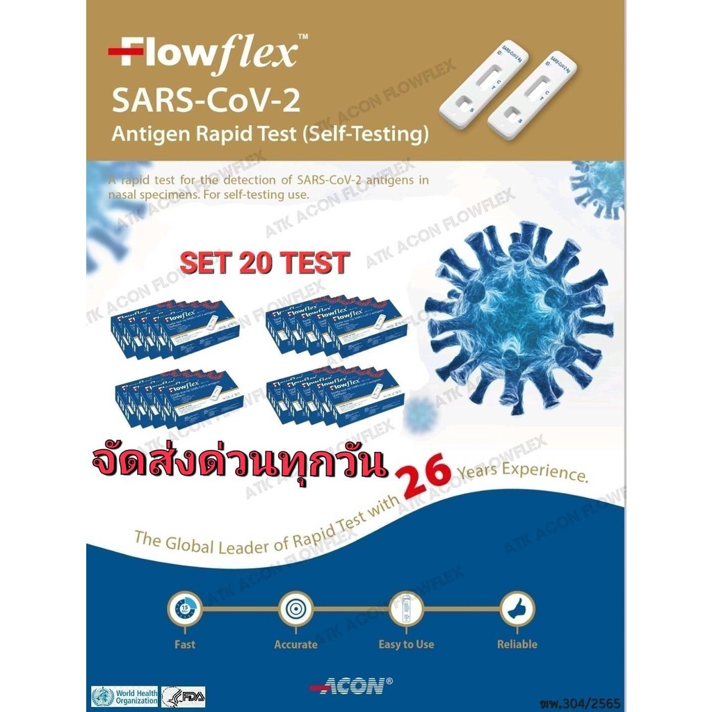 ชุดตรวจโควิด-19 ATK ยี่ห้อ Flowflex ของแท้ ราคาถูก กล่องน้ำเงิน (ไม้สว๊อปจมูกก้านสั้น) ชุด20กล่อง