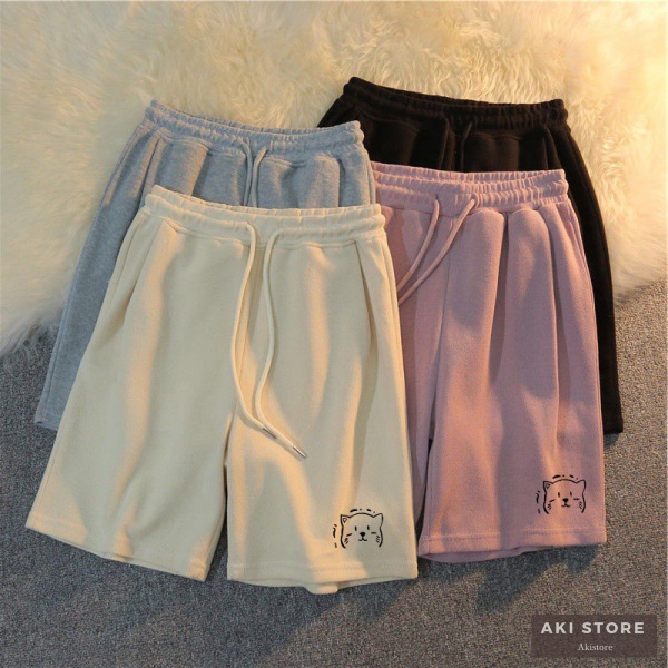 AKIS-5XL/100kgPlus ขนาดกางเกงขาสั้นเอวยางยืดการ์ตูนแมวพิมพ์ขากว้างกางเกงขาสั้นหลวมเข่าความยาว Sweatp