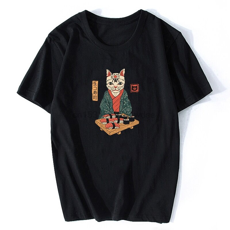 ขายราคาถูก Creative Japan Sushi Cat Cotton Vintage T-Shirt Couple Version