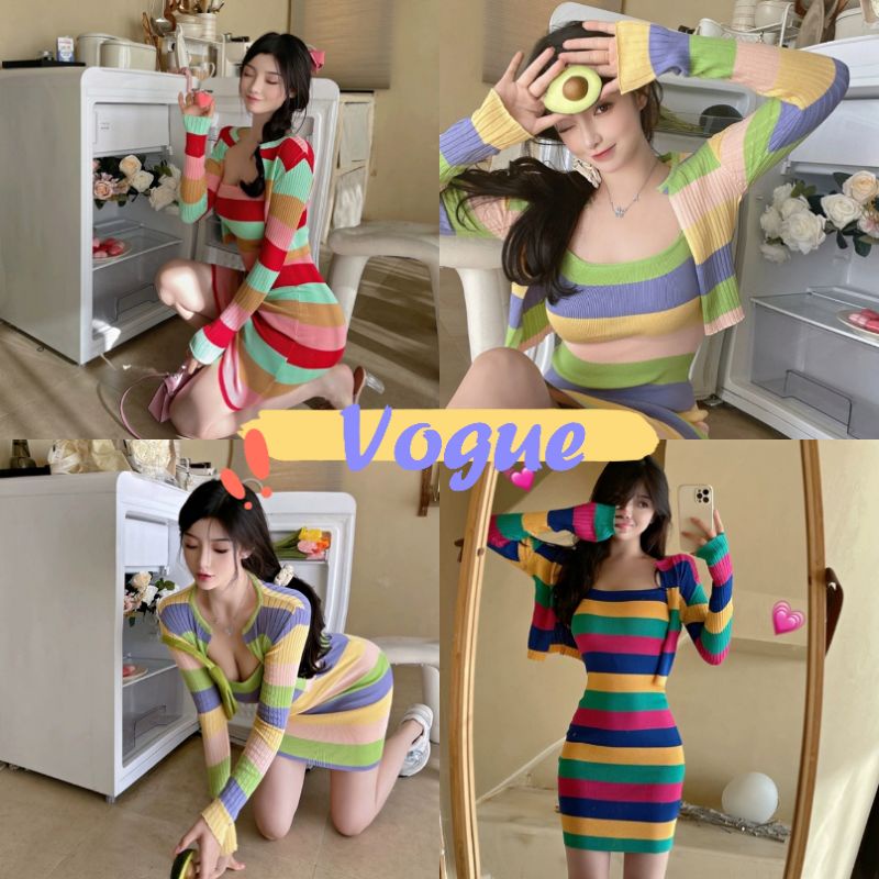 Vogue​ ​พร้อมส่ง​ ​ชุดเดรสไหมพรม+เสื้อคลุมไหมพรม ลายทางสีสันสวยสดมาก (0129+0129-1) -N