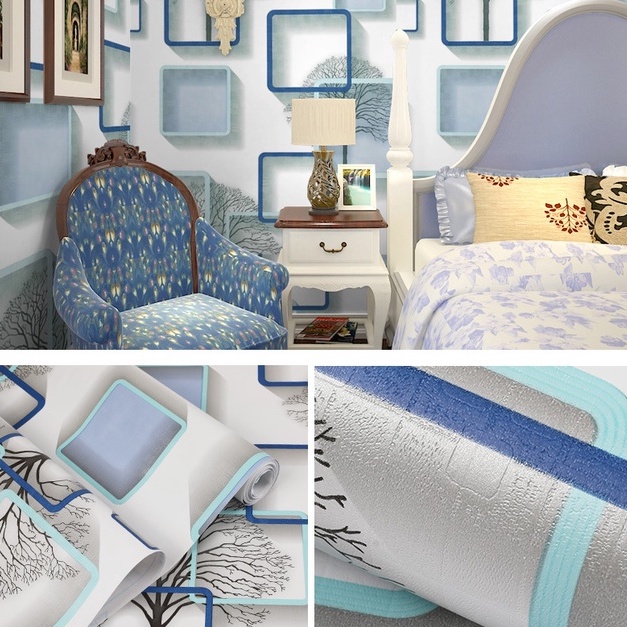 - 3D BLUE SQUARE WALLPAPER LIVING ROOM WALLPAPER 3D BLUE SQUARE WALL STICKER GH046-1 WALLPAPER