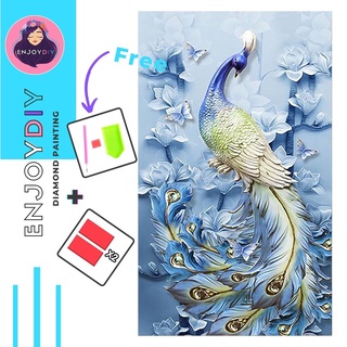 ครอสติสคริสตัล แบบเม็ด ลาย นกยูงดอกไม้ฟ้า ติดเต็ม เม็ดกลม พร้อมส่งจากไทย EnjoyDIY 5d diy diamond painting