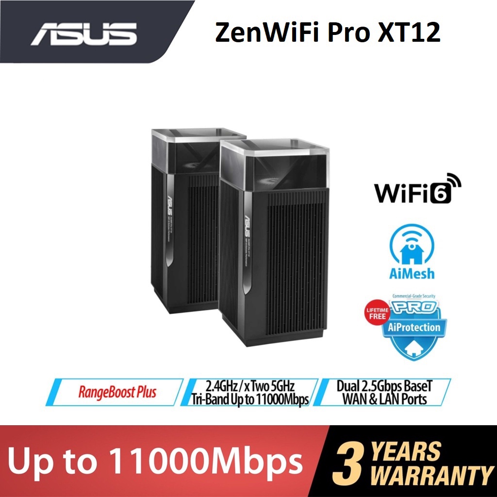 MESH WI-FI (เครือข่ายไวไฟ) ASUS ZENWIFI PRO (XT12) TRI BAND MESH WIFI6 AX11000 รับประกัน 3 - Y