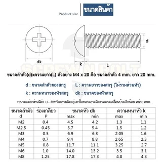 น็อต สกรู หัวร่ม หัวกระทะ แฉกT+ สแตนเลส304 เกลียวมิล หยาบ M6/Truss Head Phillip Machine Screw SUS304