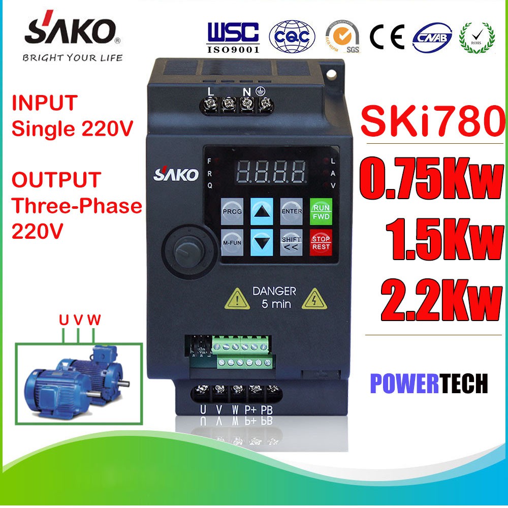 อินเวอร์เตอร์ ตัวแปรความถี่ สำหรับมอเตอร์ ควบคุม ความเร็ว Converter SAKO SKI780 220V To 3PH 220V 0.75KW,1.5KW,2.2KW MIN