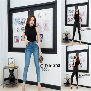 G.D.Jeans รุ่น 90085-1#กางเกงยีนส์ขายาวผ้ายืดทรงเดฟสีดำฟอกติดป้ายหนังข้างกระเป๋าตามเทรน