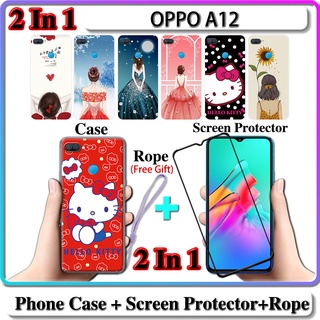 2 IN 1 เคส OPPO A12 เคส พร้อมกระจกนิรภัยโค้ง ป้องกันหน้าจอ เซรามิค สําหรับเด็กผู้หญิง และคิตตี้