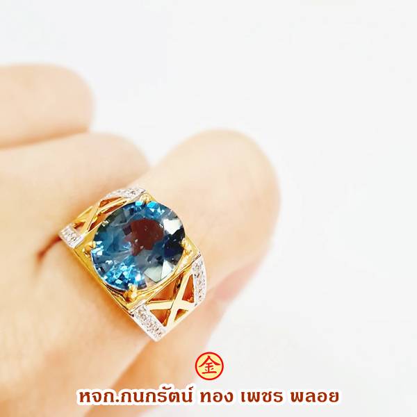 New แหวนผู้ชายทองแท้ ประดับด้วยพลอยบลูโทปาส สีฟ้าเข้ม ไซส์ใหญ่ น้ำหนัก 6.5 กะรัต ตัวเรือนเป็นทองคำแท้ 90% มีใบรับประกัน