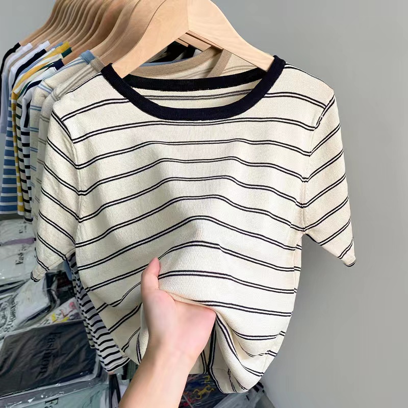 Knitwear striped short-sleeved T-shirt women's summer loose and thin ice silk thin half-sleeve top buy one get one free #3