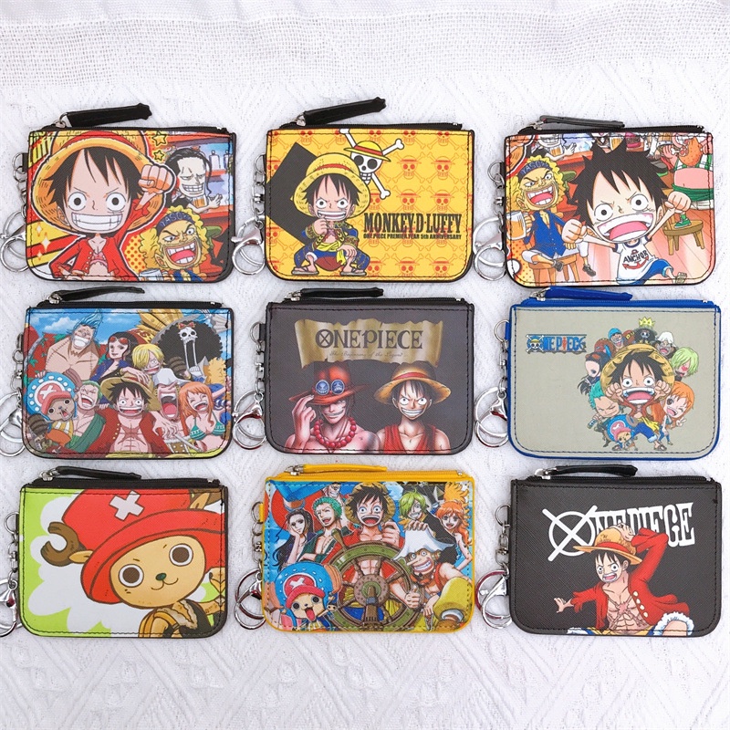 กระเป๋าใส่บัตรประจําตัวประชาชน หนัง PU ลายการ์ตูนลูฟี่ One Piece พร้อมพวงกุญแจ กระเป๋าใส่เหรียญ อเนกประสงค์ สําหรับนักเรียน