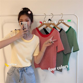 ✅ส่งไว✅สต็อกไทย เสื้อยืดคอกว้างแต่งขอบสีลายริ้ว 4 สี ผ้าไหมพรมยืด