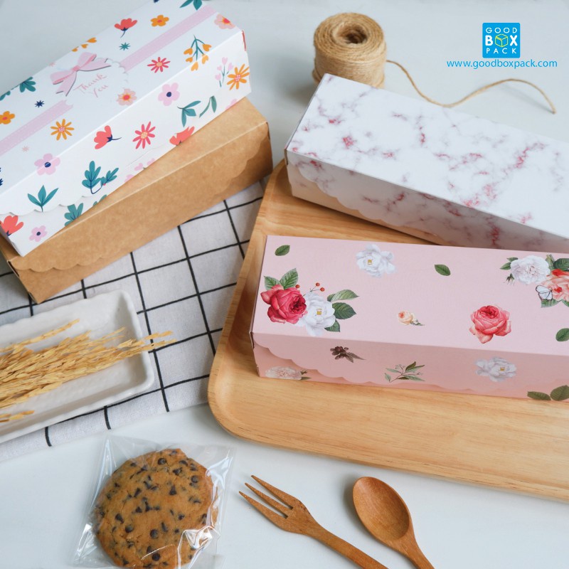 Goodboxpack (แพ็คละ20ใบ) กล่องคุกกี้ยาว เป็นกระดาษฟู้ดเกรด ขนาด7.5x21x6ซม.