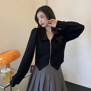 พร้อมส่งจากไทย เสื้อ oversize ขนาดใหญ่ มีซิป มีปกแบบสั้น เสื้อ แขนยาว ชายไม่เท่ากัน เสื้อเชิ้ตกันหนาวผู้หญิง