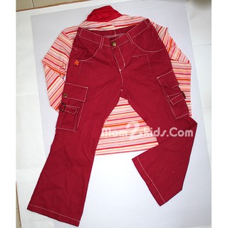 Enfant- ชุด เสื้อลายสีแดงแขนยาวคอเต่า กางเกงลูกฟูกขายาว (Size 120)