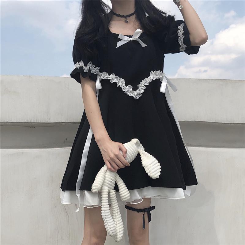 ✇﹉►Dark wind dress ลูกไม้ลูกไม้สายฤดูร้อน 2021 ใหม่ยอดนิยม Lolita Lolita retro little black dress