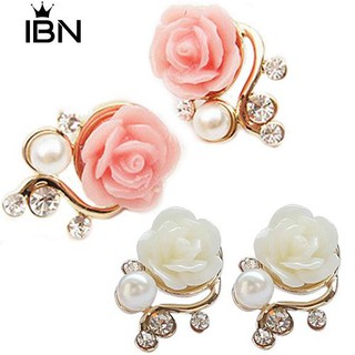 * Ibn 1Pair สไตล์เกาหลี Rose Rhinestone เงา Faux ต่างหู Ear Earings