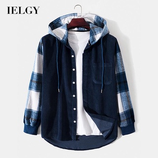 Ielgy เสื้อแจ็กเก็ตแขนยาว มีฮู้ด ลายสก๊อต สีพื้น แฟชั่นสําหรับผู้ชาย