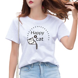 เสื้อขาวสกรีนลาย happy cat พร้อมส่ง