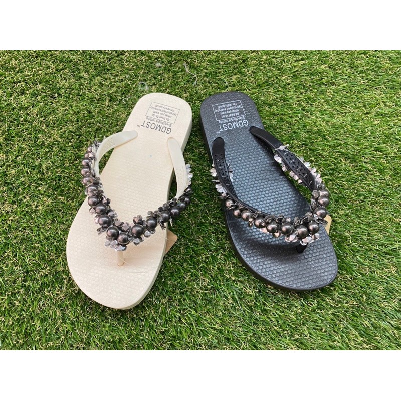 ( 1159 คีบมุกดำ ) ร้อยมุกทุกเม็ด แน่นไม่หลุด ยางพรีเมี่ยม ใส่สบาย size:36-41 พื้นนิ่ม พร้อมส่ง!