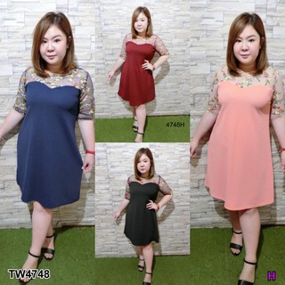 TwinsShopVip💗พร้อมส่ง TW4748 เดรส สาวอวบไหล่ซีทรู Chubby girl dress, see through shoulders