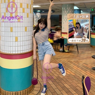 Angelcity ※ กางเกงยีนขาสั้น ขากว้าง เอวสูง ทรงหลวม ขนาดใหญ่ แต่งรอยขาด แฟชั่นฤดูร้อน สําหรับสตรี 2021