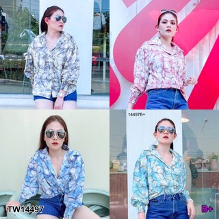 MF14497 Shirt #สาวอวบ เสื้อเชิ้ต แขนยาวสม๊อกปลายแขน เนื้อผ้าไหมอิตารี่ลายหินอ่อน พร้อมส่ง