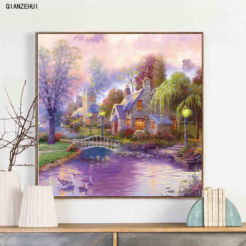 QIANZEHUI,DIY Diamond Embroidery,Round Diamond Beautiful dream house Full rhinestone Diamond painting cross stitch