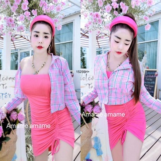 MM15255 set เสื้อคลุมลายสก็อตทรงครอป + เดรสเกาะอกรูดกระโปรง set Plaid crop top + halter neck dress