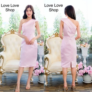 มี5สี!!! Mini Dress เดรสออกงานสีชมพูไหล่เดียวทรงเอเรียบหรู งานป้าย Love Love