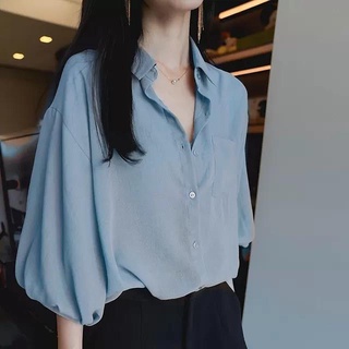 เสื้อเชิ้ตแขนห้าส่วน ผ้าชีฟอง ทรงหลวม สีฟ้า สไตล์เกาหลี เรโทร