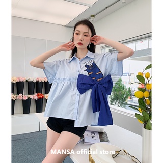 MANSA blue cute print bow shirt เสื้อเชิ้ตสาวอวบ เสื้อน่ารักผู้หญิง เสื้อ เสื้อเชิ้ตแขนสั้น