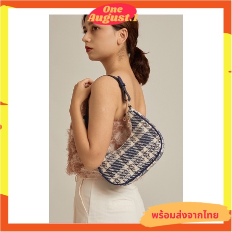 พร้อมส่งจากไทย กระเป๋าสะพายไหล่แบบผ้าลายสก็อตขอบหนังสีน้ำเงิน S043 ราคา ถูกที่สุด ดีลบีเคเค