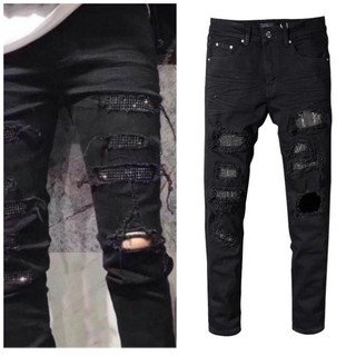 ขายดีHiend AMIRI holes diamond patch black jeans slim pants​