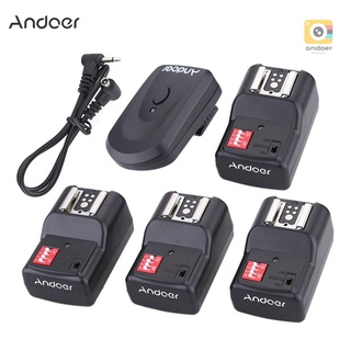 Andoer ชุดทริกเกอร์แฟลชรีโมตไร้สาย 16 ช่อง ตัวส่งสัญญาณ 1 ชิ้น ตัวรับสัญญาณ 4 ชิ้น สายซิงค์ 1 ชิ้น สําหรับ Canon Nikon Pentax Olympus Sigma Sunpak Vivitar Neewer YOUNGNUO Speedlite