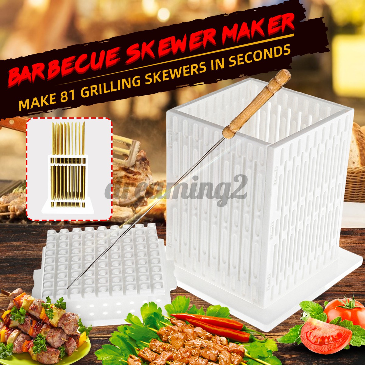 81 Holes Meat Skewer Kebab Maker Box Machine Grill Barbecue BBQ Tools ...