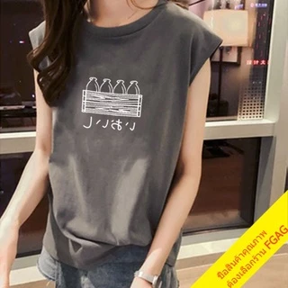 เสื้อยืดแขนกุดผู้หญิง Oversize เสื้อผ้าแฟชั่นวัยรุ่นน่ารัก สไตล์เกาหลี ลายสตรีท สวมใส่สบาย สีขาว M-XXL